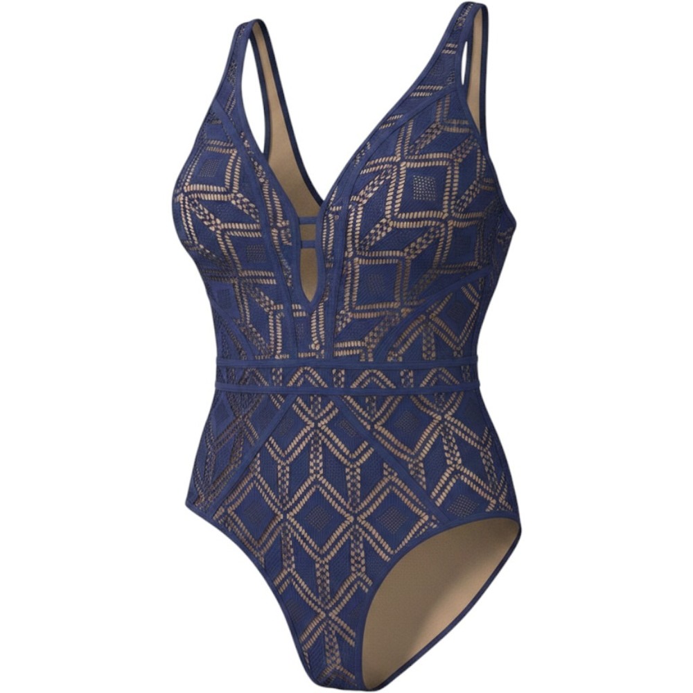 BECCA Crochet Plunging One-Piece Keyhole Swimsuit Navy Blue Size Large